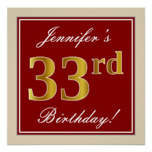 Elegant, rood, Faux Gold 33rd Birthday; Naam op ma Perfect Poster
