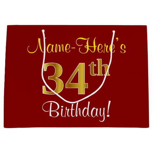 Elegant, rood, Faux Gold 34th Birthday; Naam op ma Groot Cadeauzakje (Voorkant)