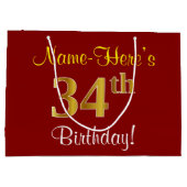 Elegant, rood, Faux Gold 34th Birthday; Naam op ma Groot Cadeauzakje (Achterkant)