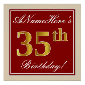 Elegant, rood, Faux Gold 35th Birthday; Naam op ma Poster (Voorkant)