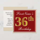 Elegant, rood, Faux Gold 36th Birthday; Naam op ma Kaart (Voorkant / Achterkant)