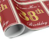 Elegant, rood, Faux Gold 38th Birthday; Naam op ma Cadeaupapier (Rol Hoek)