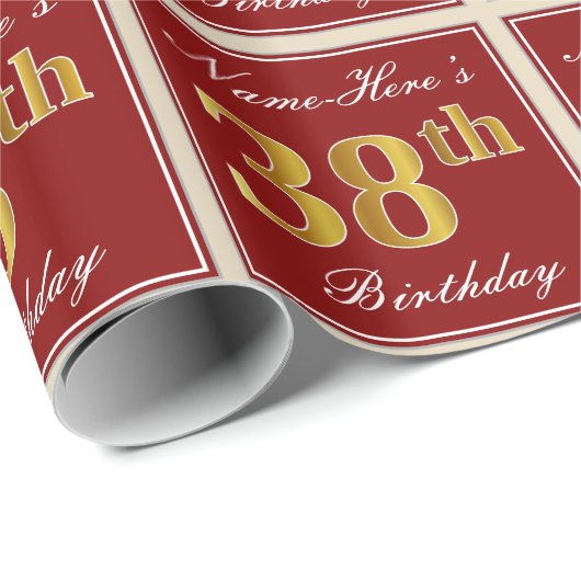 Elegant, rood, Faux Gold 38th Birthday; Naam op ma Cadeaupapier (Rol Hoek)