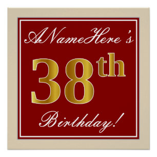 Elegant, rood, Faux Gold 38th Birthday; Naam op ma Perfect Poster