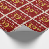 Elegant, rood, Faux Gold 39th Birthday; Naam op ma Cadeaupapier (Hoek)