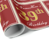 Elegant, rood, Faux Gold 39th Birthday; Naam op ma Cadeaupapier (Rol Hoek)