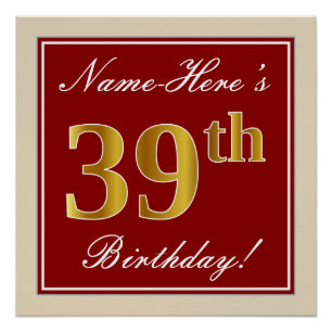 Elegant, rood, Faux Gold 39th Birthday; Naam op ma Perfect Poster