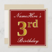 Elegant, rood, Faux Gold 3rd Birthday + aangepaste Kaart (Voorkant / Achterkant)