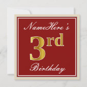 Elegant, rood, Faux Gold 3rd Birthday + aangepaste Kaart (Voorkant)