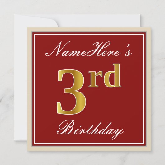 Elegant, rood, Faux Gold 3rd Birthday + aangepaste Kaart (Voorkant)