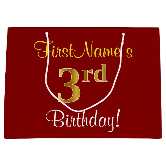 Elegant, rood, Faux Gold 3rd Birthday + aangepaste Large Cadeautasje (Voorkant)