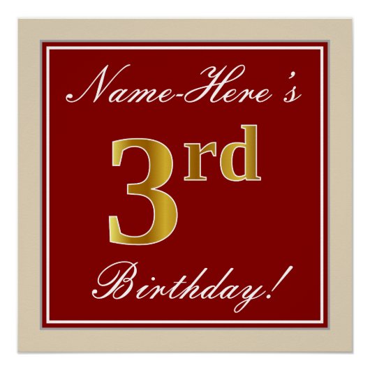 Elegant, rood, Faux Gold 3rd Birthday + aangepaste Perfect Poster (Voorkant)