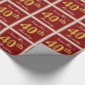 Elegant, rood, Faux Gold 40th Birthday; Naam op ma Cadeaupapier (Hoek)
