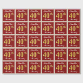 Elegant, rood, Faux Gold 40th Birthday; Naam op ma Cadeaupapier