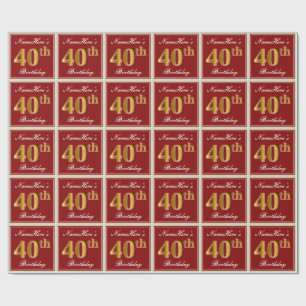 Elegant, rood, Faux Gold 40th Birthday; Naam op ma Cadeaupapier