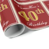 Elegant, rood, Faux Gold 40th Birthday; Naam op ma Cadeaupapier (Rol Hoek)