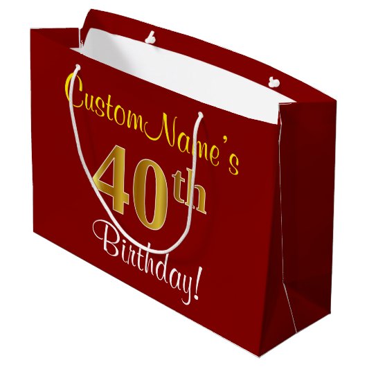 Elegant, rood, Faux Gold 40th Birthday; Naam op ma Large Cadeautasje (Achterkant Gekanteld)
