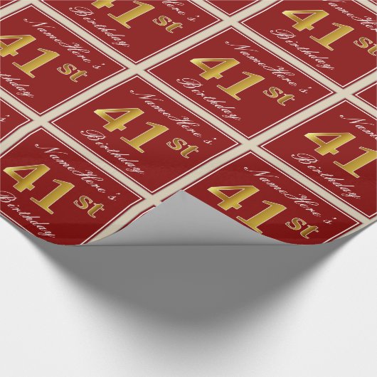 Elegant, rood, Faux Gold 41st verjaardag; Naam op Cadeaupapier (Hoek)