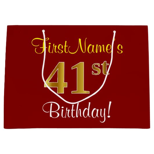 Elegant, rood, Faux Gold 41st verjaardag; Naam op Groot Cadeauzakje (Voorkant)