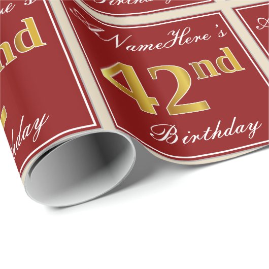 Elegant, rood, Faux Gold 42e verjaardag; Naam op m Cadeaupapier (Rol Hoek)