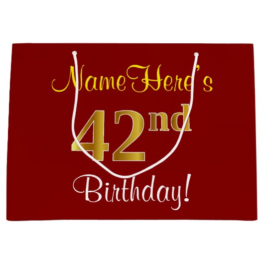 Elegant, rood, Faux Gold 42e verjaardag; Naam op m Groot Cadeauzakje (Voorkant)