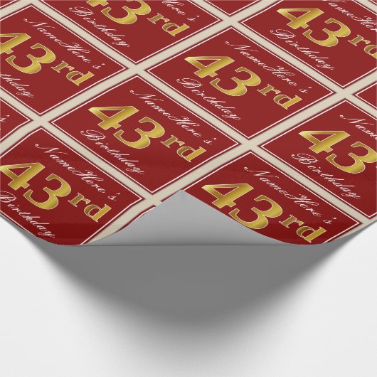 Elegant, rood, Faux Gold 43rd Birthday; Naam op ma Cadeaupapier (Hoek)
