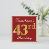 Elegant, rood, Faux Gold 43rd Birthday; Naam op ma Kaart (Staand voorkant)