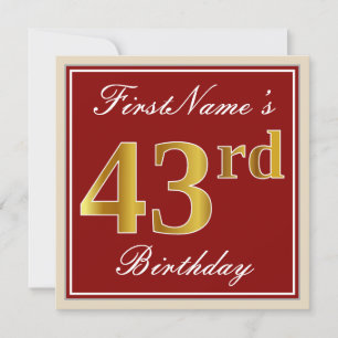 Elegant, rood, Faux Gold 43rd Birthday; Naam op ma Kaart