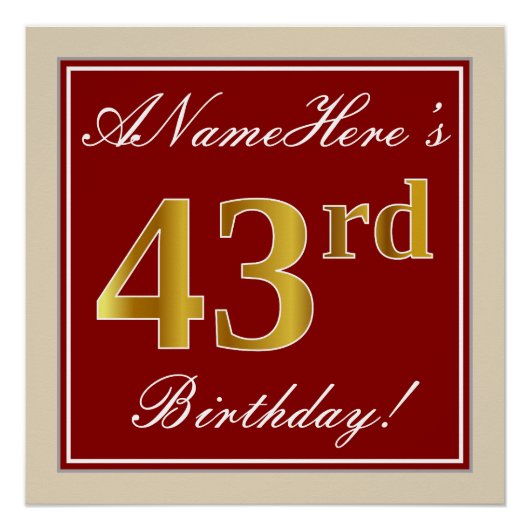 Elegant, rood, Faux Gold 43rd Birthday; Naam op ma Perfect Poster (Voorkant)