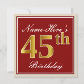 Elegant, rood, Faux Gold 45th Birthday; Naam op ma Kaart (Voorkant)