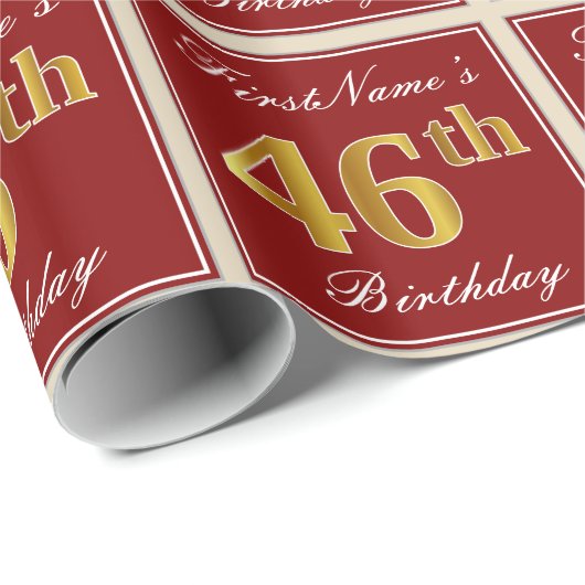 Elegant, rood, Faux Gold 46th Birthday; Naam op ma Cadeaupapier (Rol Hoek)