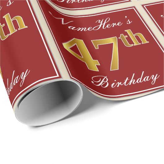 Elegant, rood, Faux Gold 47th Birthday; Naam op ma Cadeaupapier (Rol Hoek)