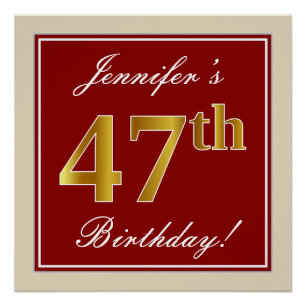 Elegant, rood, Faux Gold 47th Birthday; Naam op ma Perfect Poster