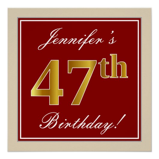 Elegant, rood, Faux Gold 47th Birthday; Naam op ma Perfect Poster (Voorkant)