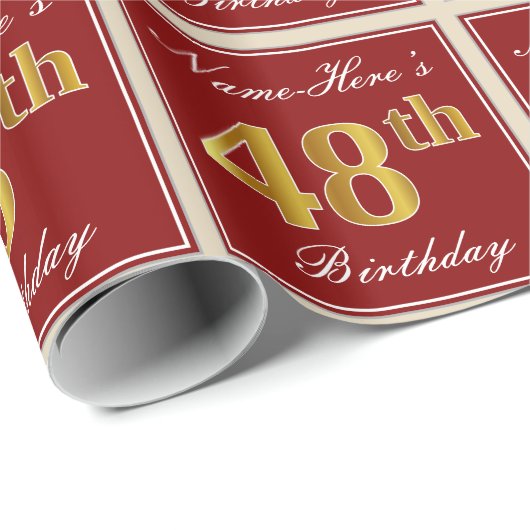 Elegant, rood, Faux Gold 48th Birthday; Naam op ma Cadeaupapier (Rol Hoek)