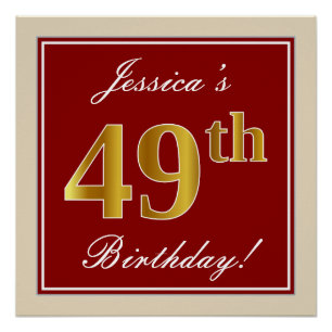 Elegant, rood, Faux Gold 49th Birthday; Naam op ma Perfect Poster