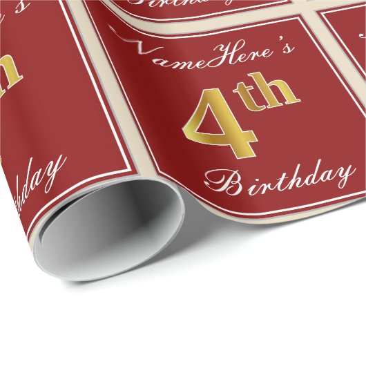 Elegant, rood, Faux Gold 4th Birthday + aangepaste Cadeaupapier (Rol Hoek)