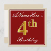 Elegant, rood, Faux Gold 4th Birthday + aangepaste Kaart (Voorkant / Achterkant)
