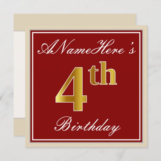 Elegant, rood, Faux Gold 4th Birthday + aangepaste Kaart (Voorkant / Achterkant)