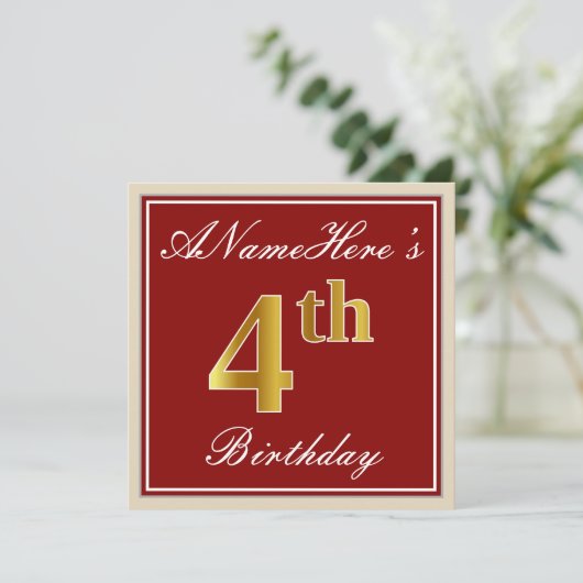 Elegant, rood, Faux Gold 4th Birthday + aangepaste Kaart (Staand voorkant)