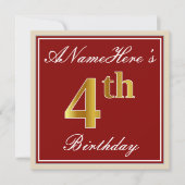 Elegant, rood, Faux Gold 4th Birthday + aangepaste Kaart (Voorkant)