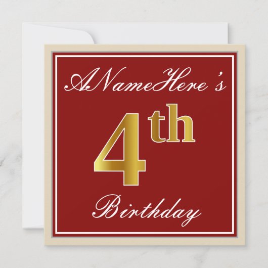 Elegant, rood, Faux Gold 4th Birthday + aangepaste Kaart (Voorkant)