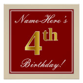 Elegant, rood, Faux Gold 4th Birthday + aangepaste Perfect Poster (Voorkant)
