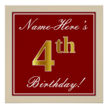 Elegant, rood, Faux Gold 4th Birthday + aangepaste