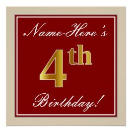 Elegant, rood, Faux Gold 4th Birthday + aangepaste Perfect Poster