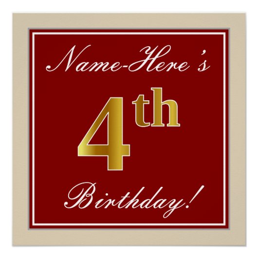 Elegant, rood, Faux Gold 4th Birthday + aangepaste Perfect Poster (Voorkant)