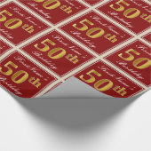 Elegant, rood, Faux Gold 50th Birthday; Naam op ma Cadeaupapier (Hoek)