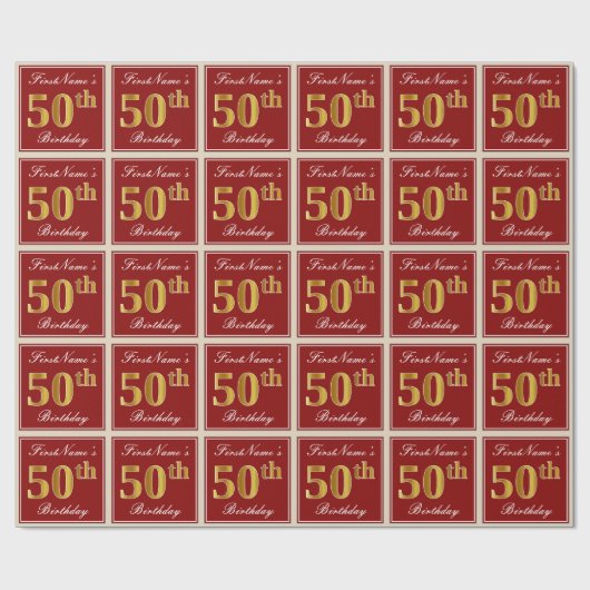 Elegant, rood, Faux Gold 50th Birthday; Naam op ma Cadeaupapier (Vlak)