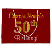Elegant, rood, Faux Gold 50th Birthday; Naam op ma Groot Cadeauzakje (Achterkant)