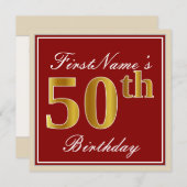 Elegant, rood, Faux Gold 50th Birthday; Naam op ma Kaart (Voorkant / Achterkant)